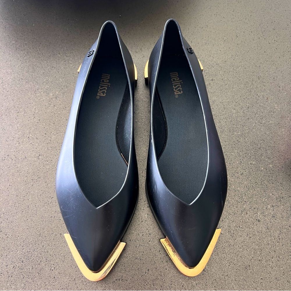 MELISSA Black Flats with Gold Accents
Size 5